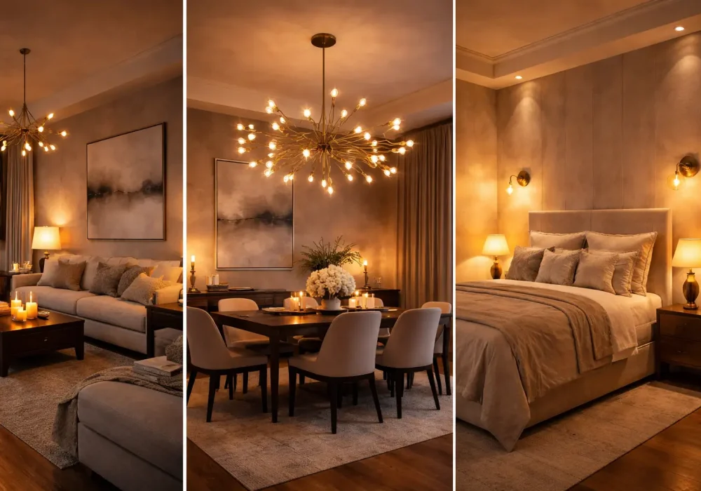 modern home lighting tricks collage with chandelier living room dining room and cozy bedroom lighting inspiration