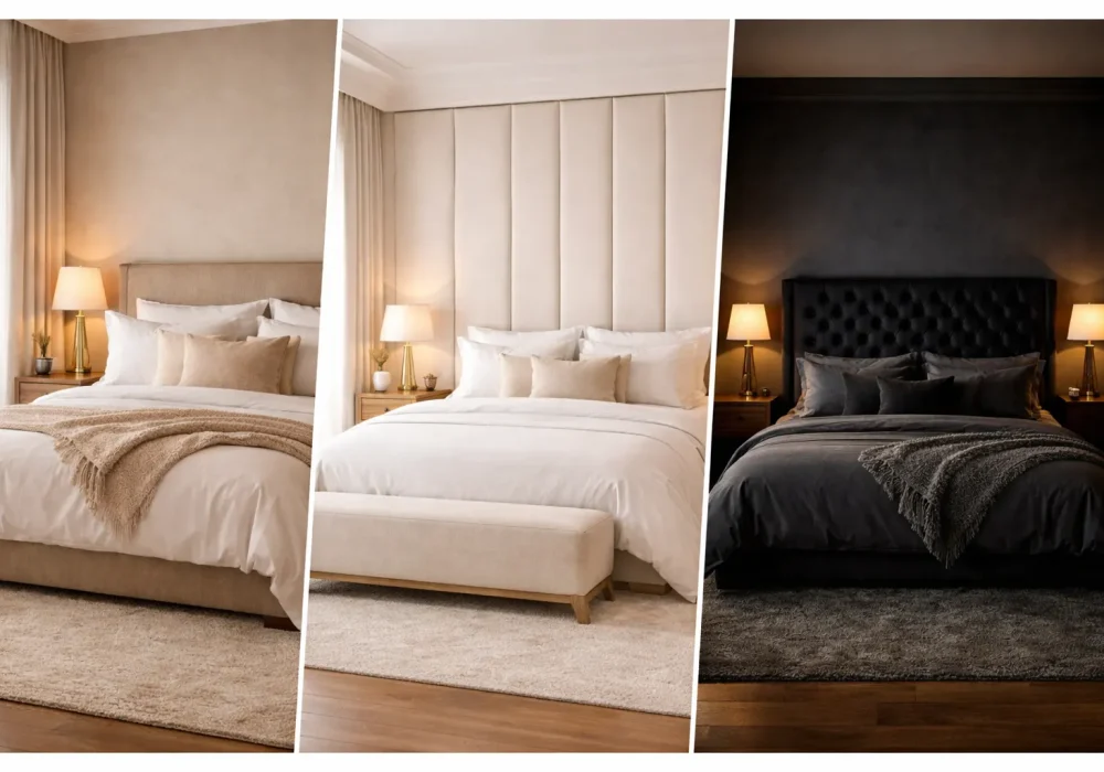 hotel style bedroom ideas collage featuring neutral luxury bedroom minimalist hotel bedroom and dark boutique hotel bedroom design inspiration