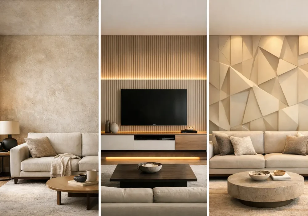 Three modern living room accent wall ideas shown in a horizontal grid featuring a textured plaster wall, a vertical slat TV wall with LED lighting, and a geometric 3D panel accent wall.