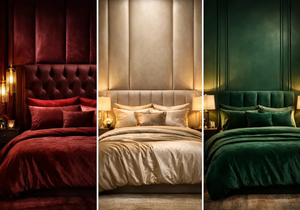 Romantic luxury bedroom ideas for couples featuring burgundy, champagne gold, and emerald green modern bedroom designs