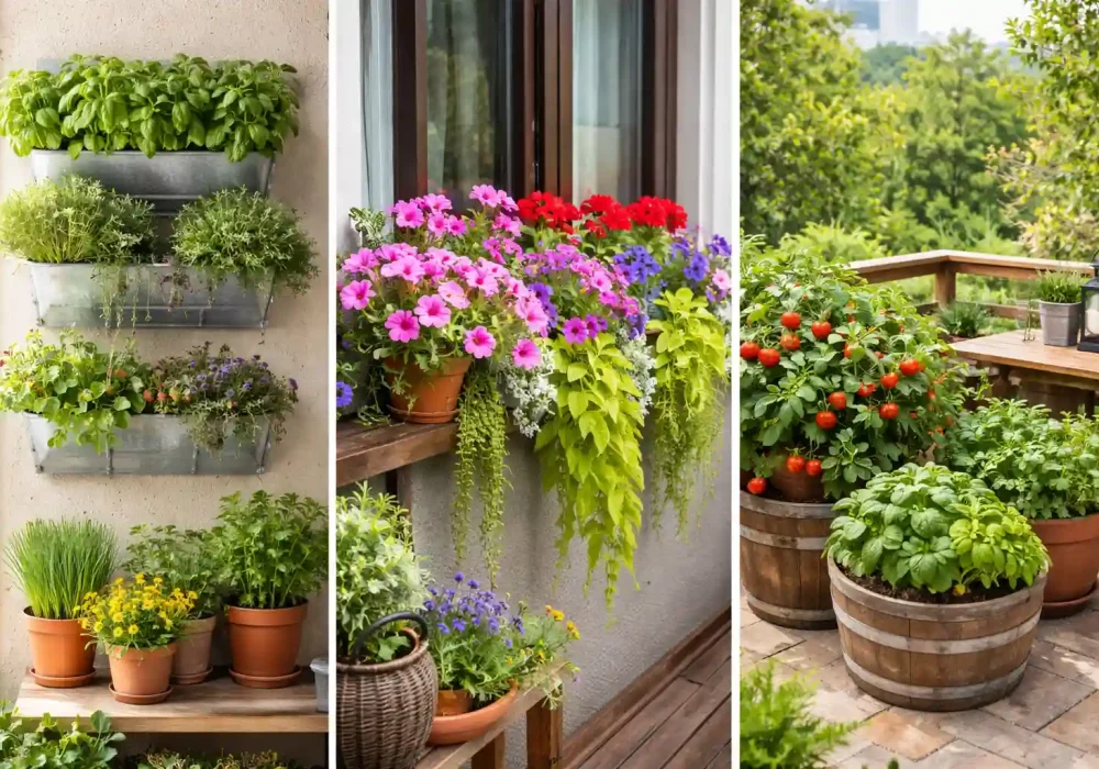 Container garden ideas collage showing vertical wall planters, colorful balcony flower containers, and vegetable container garden setup for small balconies and patios.