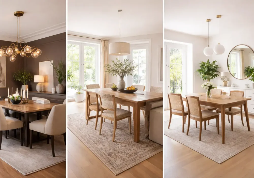 Collage of three stylish dining room makeover ideas featuring modern chandeliers, wooden dining tables, neutral decor, area rugs, and bright elegant dining spaces.