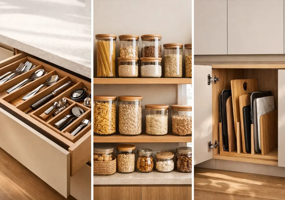 Modern kitchen organization ideas collage showing drawer dividers for utensils, glass jar pantry storage, and vertical tray cabinet organizer in a minimalist kitchen.