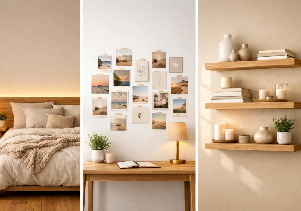 Horizontal collage featuring three DIY room decor ideas including cozy LED headboard lighting, aesthetic photo grid wall collage, and minimalist floating wooden shelves styled with candles, books, and plants.