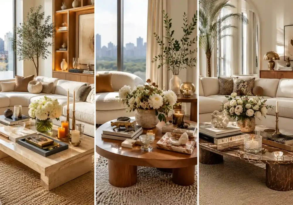 Luxury modern living room collage coffee table styling ideas with layered designer books, candles, floral arrangements, marble trays, sculptural decor, and elegant neutral furniture. Bright natural daylight, warm wood textures, soft beige interiors, and Pinterest-inspired modern maximalist styling create a high-end designer home aesthetic.