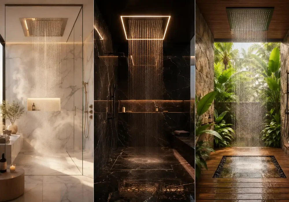 Luxury rain shower ideas collage featuring a bright marble spa bathroom, dramatic black marble LED rainfall shower, and tropical outdoor resort-style shower with lush greenery and modern luxury interior design.