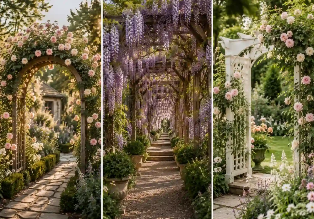 Luxury garden collage featuring a DIY trellis ideas and rustic rose arch trellis, dreamy wisteria pergola tunnel, and elegant white garden arbor surrounded by lush flowers, stone pathways, and romantic cottage-style landscaping in warm golden sunlight.