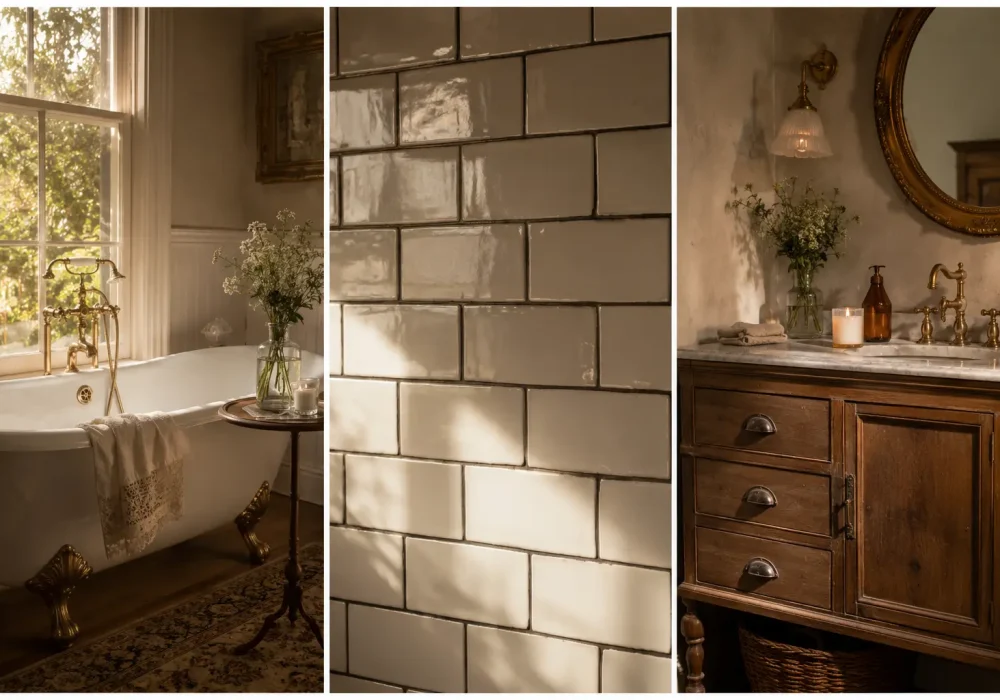 Luxury vintage bathroom ideas featuring elegant clawfoot bathtub, glossy white subway tiles, rustic wooden vanity, antique brass fixtures, warm sunlight, marble textures, and cozy farmhouse bathroom decor.