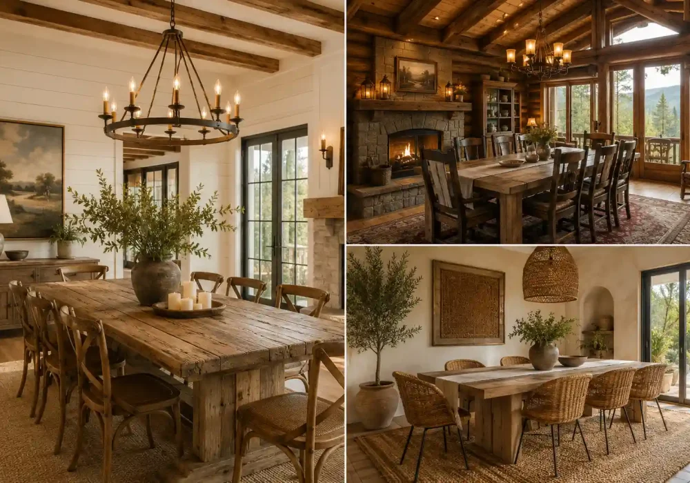 Rustic dining room ideas collage featuring three cozy farmhouse dining room interiors with reclaimed wood dining tables, exposed wooden ceiling beams, oversized chandeliers, woven chairs, stone fireplace, warm neutral decor, earthy textures, natural sunlight, and luxurious modern farmhouse interior styling in a Pinterest-inspired grid layout.