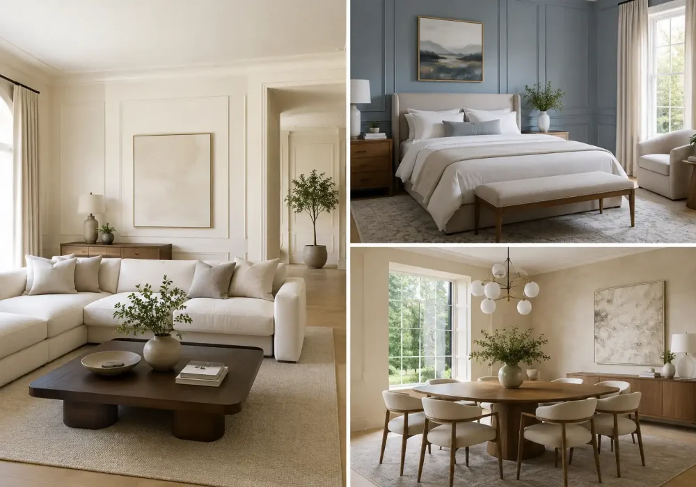 Luxury quiet luxury paint colors collage featuring creamy ivory living room, smoky blue-gray bedroom, and warm beige dining room with elegant neutral decor, modern wood furniture, soft natural lighting, textured fabrics, and sophisticated 2026 home design styling in a Pinterest-worthy layout.
