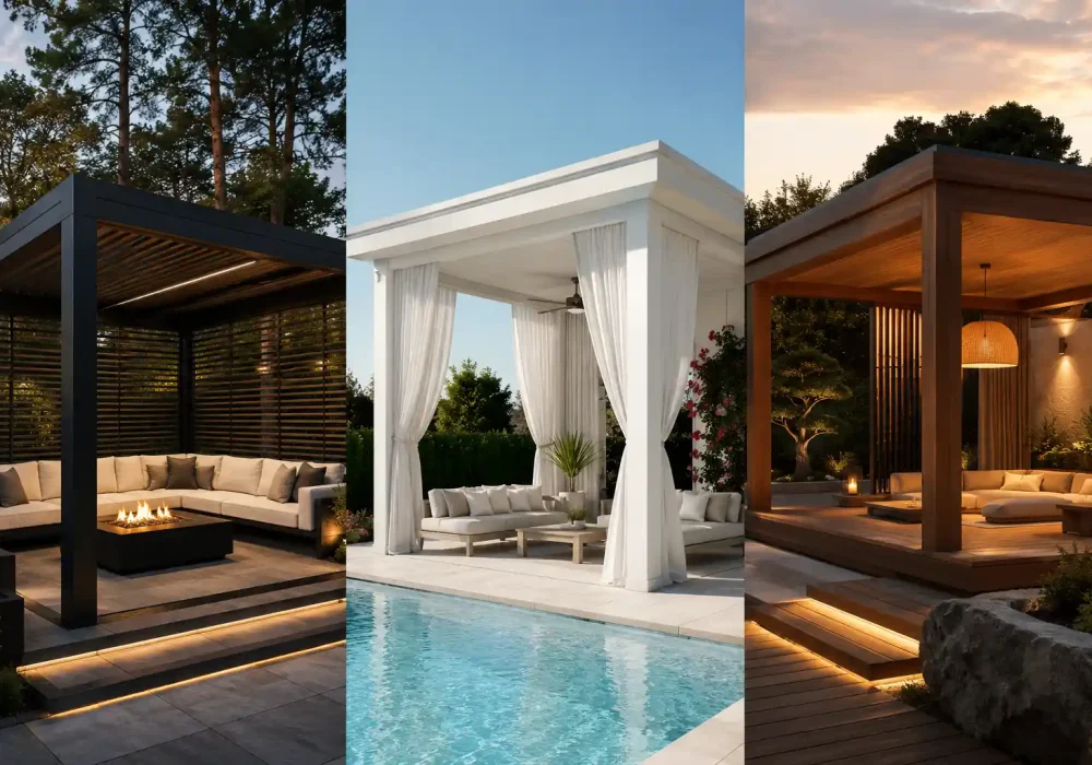 Luxury modern gazebo ideas collage featuring three stylish outdoor living spaces including a black contemporary gazebo with fire pit, elegant white poolside gazebo with flowing curtains, and warm wooden modern gazebo with ambient lighting in upscale backyard settings.