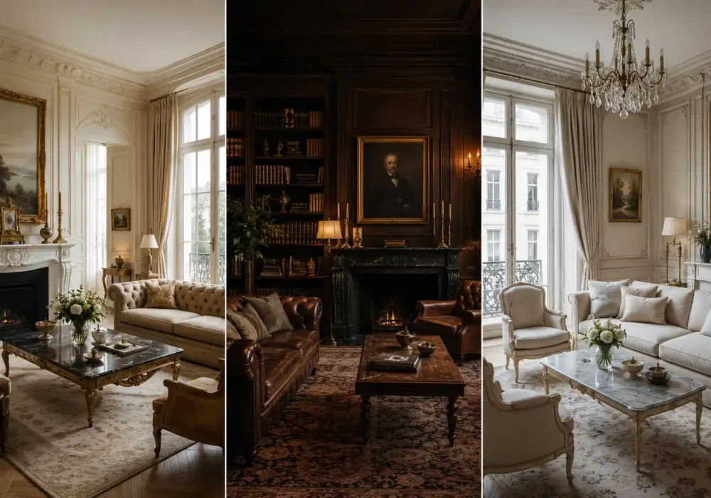 Luxury old money living room ideas collage featuring elegant European interiors, marble fireplaces, crystal chandeliers, dark wood library walls, cream tufted sofas, vintage decor, classic Parisian styling, and timeless quiet luxury home inspiration.