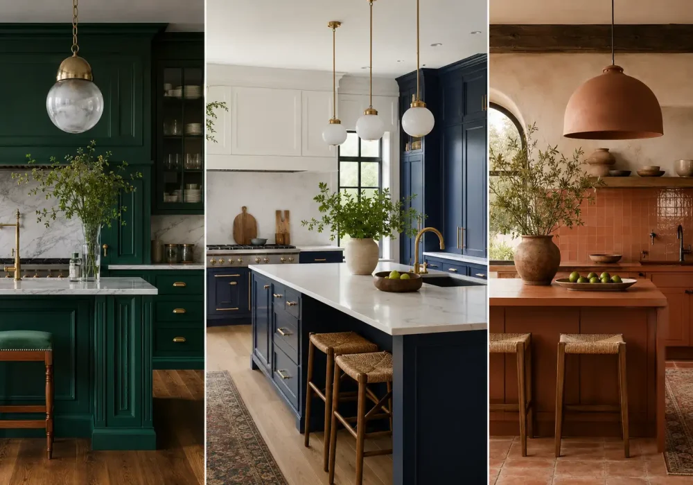 Collage of colourful kitchen cabinet ideas emerald green, navy blue, and terracotta kitchen cabinets with marble countertops, brass accents, and luxury modern kitchen interiors