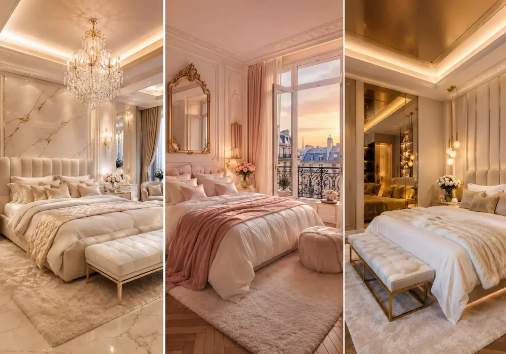 Luxury romantic bedroom ideas featuring elegant neutral bedrooms with crystal chandeliers, blush pink decor, upholstered beds, marble accents, warm ambient lighting, plush textures, and modern hotel-inspired luxury interiors.