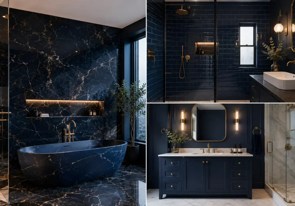 Luxury navy blue bathroom ideas collage featuring dark marble walls, glossy navy subway tiles, gold brass fixtures, modern vanity, freestanding bathtub, marble shower, warm lighting, and elegant high-end bathroom interior inspiration.