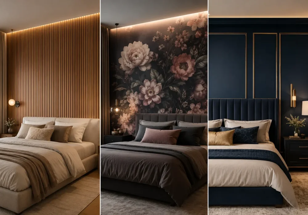 Luxury bedroom feature wall ideas collage featuring three dramatic bedroom feature wall ideas including warm wood slat wall with LED lighting, oversized floral mural accent wall, and moody navy blue paneled bedroom design with elegant modern decor and cozy luxury interiors.