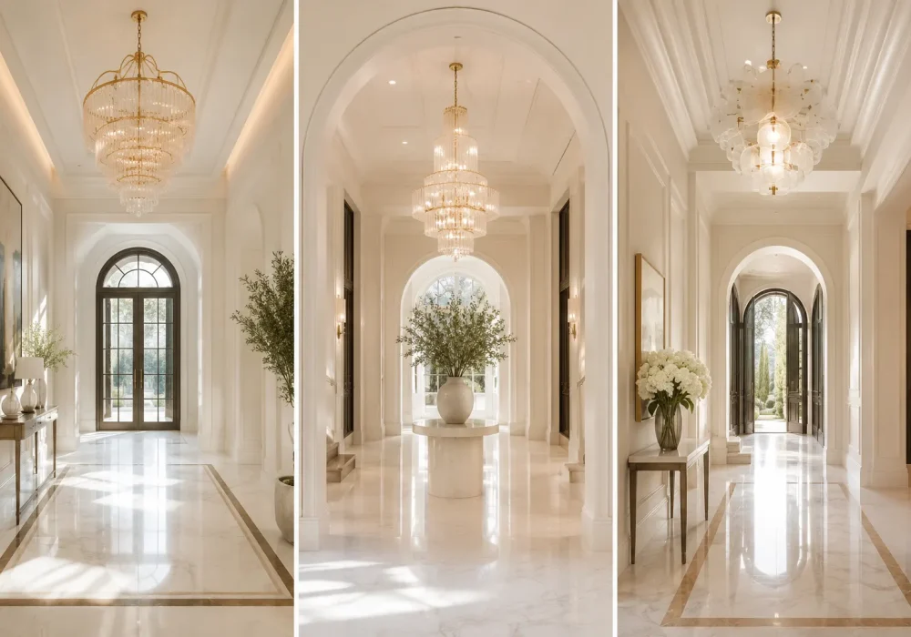 narrow hallway decor ideas collage featuring grand crystal chandeliers, glossy marble flooring, oversized archways, elegant cream walls, gold accents, designer console tables, natural sunlight, and upscale mansion style foyer interior design with bright symmetrical architecture.