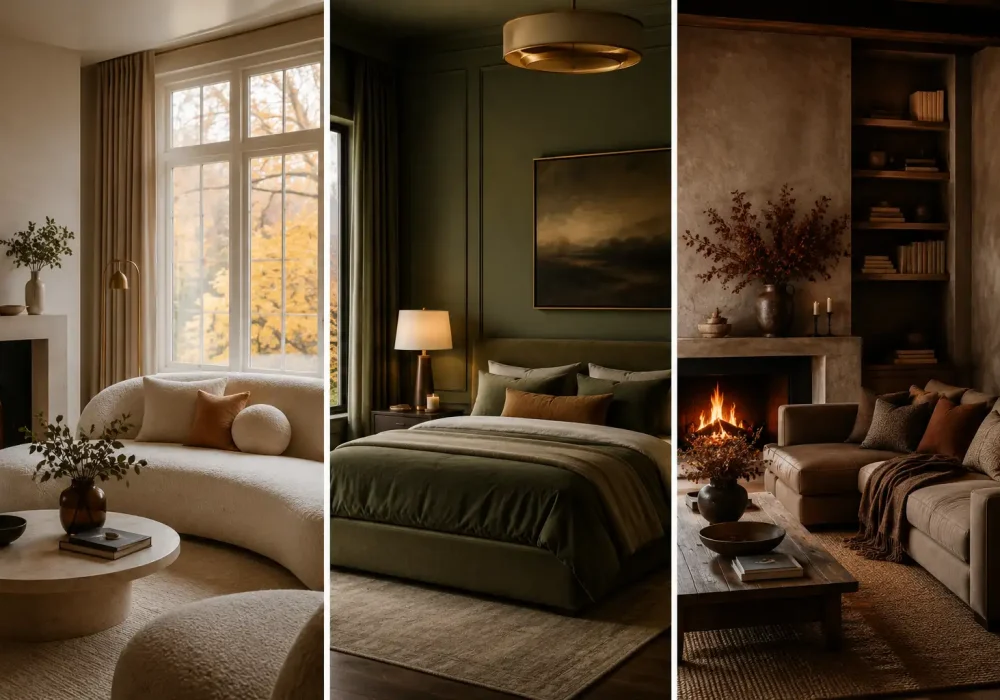Autumn Home Decor Trends collage featuring warm minimalist living room, dark moody bedroom, and cozy earth tone fireplace living room with elegant lighting, neutral textures, modern luxury interiors, and Pinterest-inspired fall home styling.