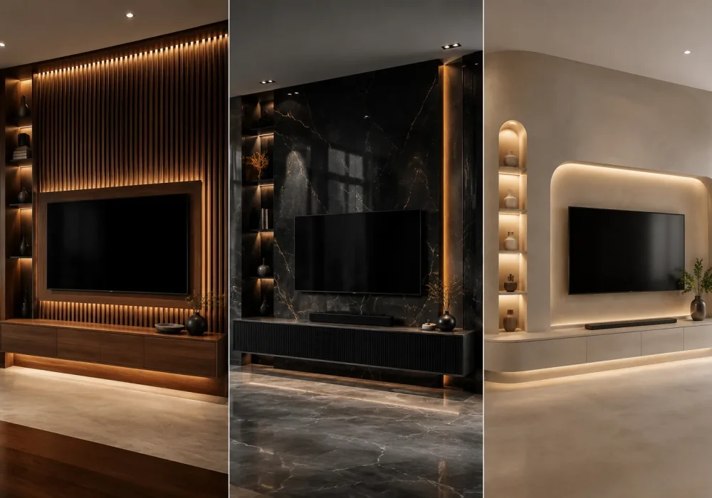 Luxury modern TV wall ideas collage featuring walnut wood slat media wall, dramatic black marble TV wall, and curved minimalist TV wall with ambient LED lighting, floating consoles, and elegant contemporary living room interior design.