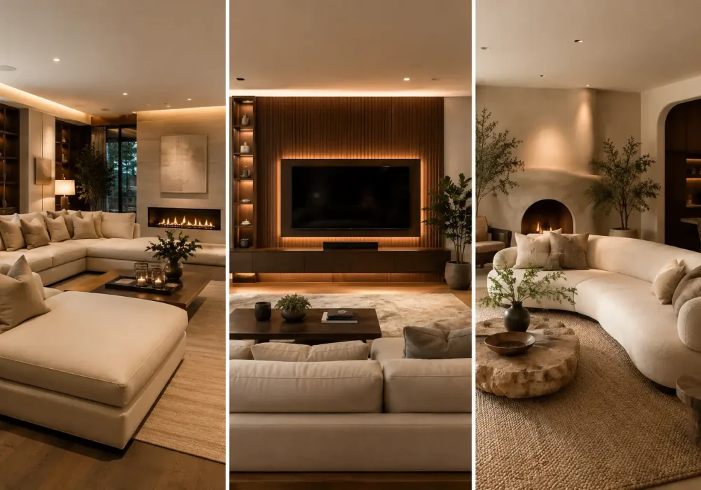 modern living room ideas collage featuring elegant fireplace interiors, warm LED TV wall design, curved boucle sofas, layered neutral textures, ambient lighting, walnut wood accents, and modern small space living room inspiration.