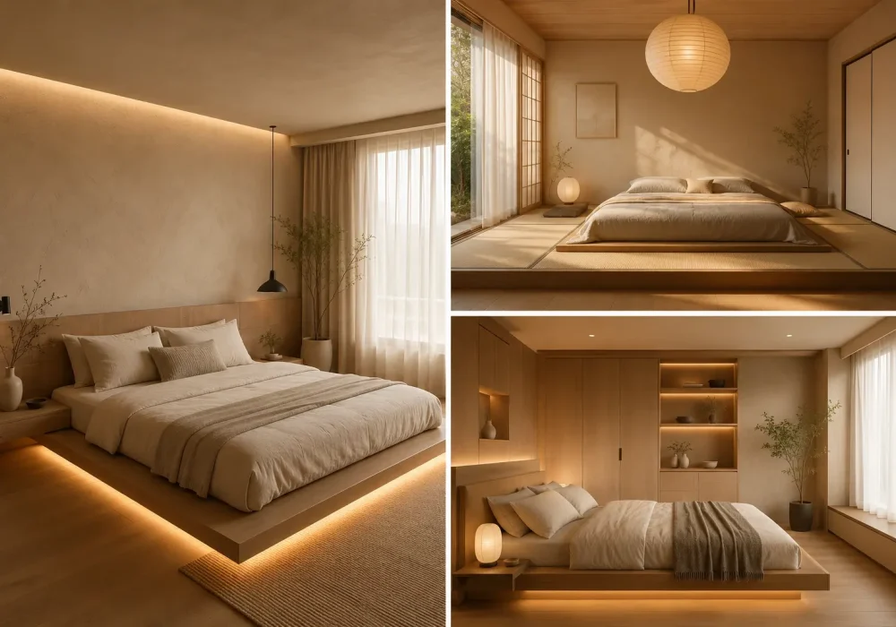 Japandi bedroom ideas collage featuring three cozy small-space bedroom designs with floating platform beds, hidden LED lighting, tatami-style layout, warm oak wood textures, soft neutral bedding, sheer curtains, and minimalist Zen-inspired decor.