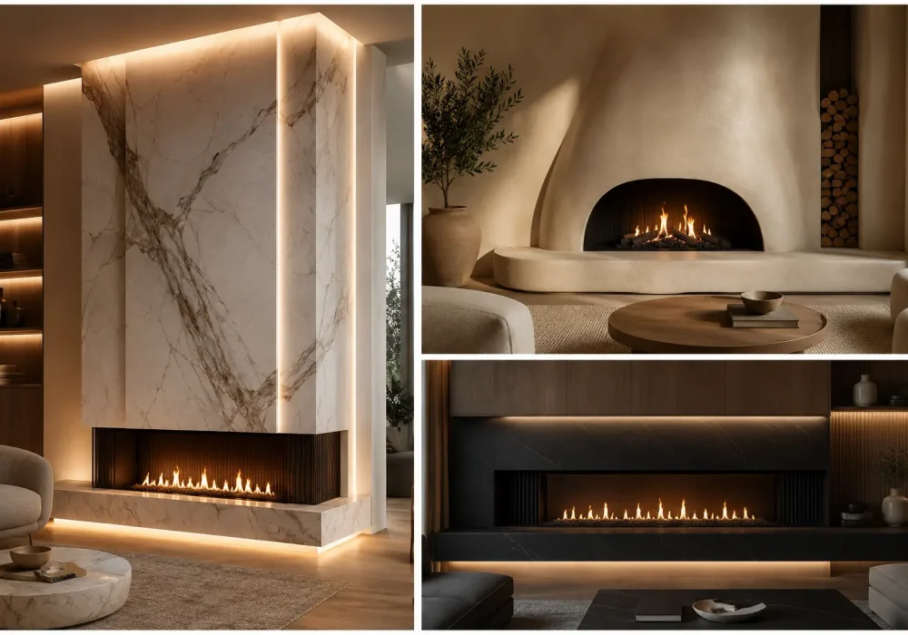 Luxury modern fireplace ideas collage featuring marble fireplace wall, curved plaster fireplace, and sleek black linear fireplace with warm LED lighting and elegant neutral living room interiors
