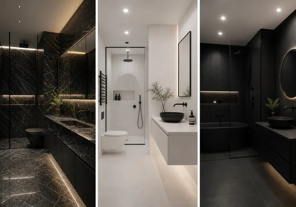 modern black and white bathroom ideas design collage with three luxury interiors, dark marble bathroom, minimalist white bathroom with black fixtures, moody black bathroom with ambient lighting, contemporary high end bathroom inspiration