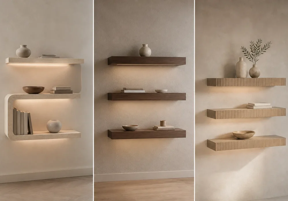 modern floating shelves 3 panel grid minimalist wooden wall shelves LED backlit shelf designs contemporary wall decor luxury DIY floating shelves ideas