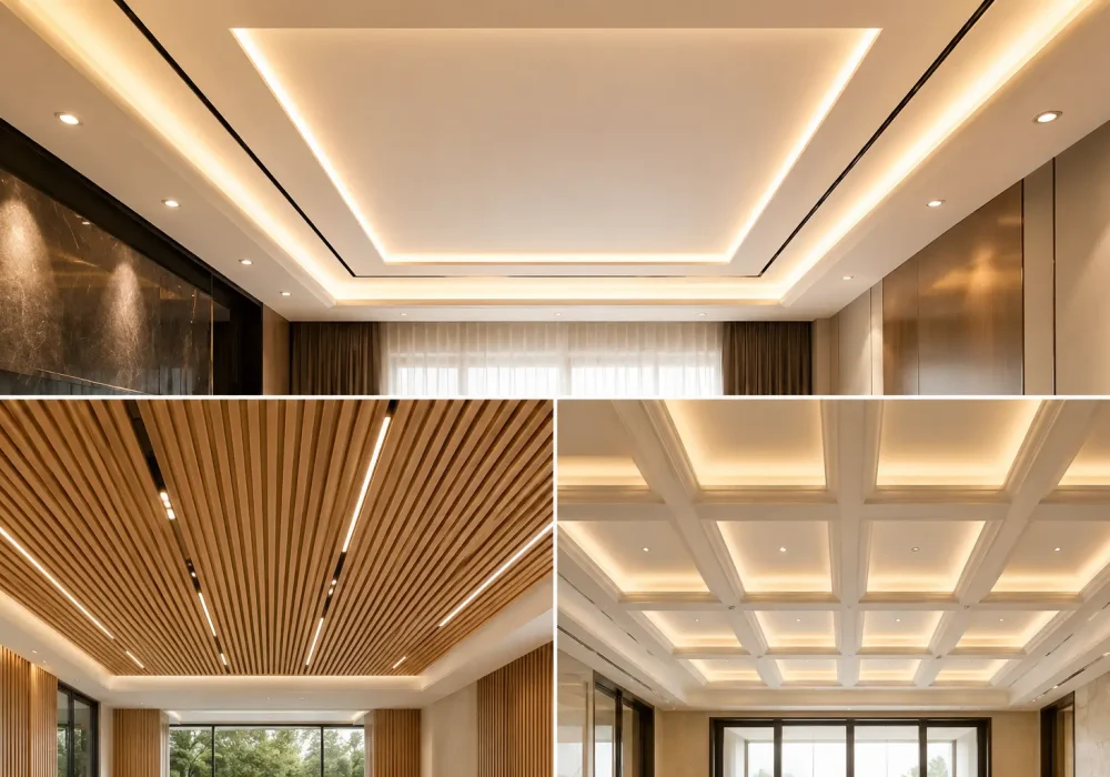 Luxury modern ceiling ideas collage featuring recessed LED ceiling, contemporary wood slat ceiling, and elegant coffered ceiling designs with warm ambient lighting and upscale interior styling.