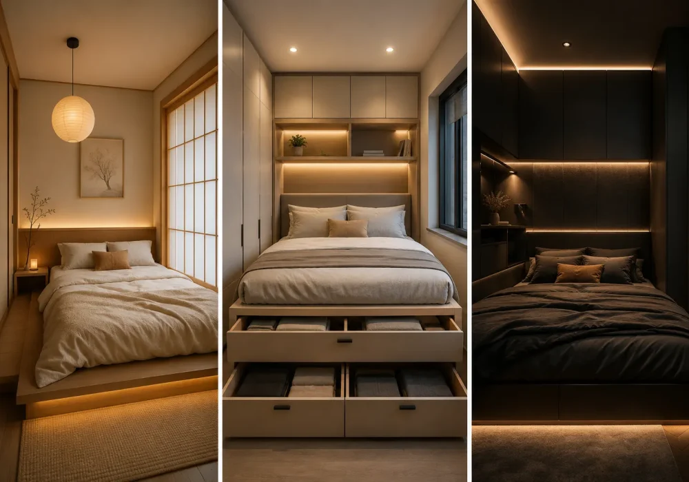 Luxury tiny bedroom collage featuring Japandi-style decor, hidden storage bed drawers, cozy warm LED lighting, minimalist small room layouts, and modern dark bedroom inspiration for stylish compact apartment living.