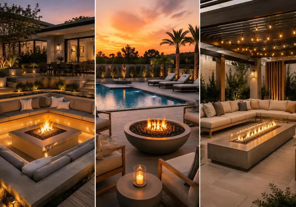 Modern backyard fire pit ideas collage featuring a luxury sunken fire pit lounge, elegant poolside fire bowl patio, and pergola-covered outdoor seating area with glowing fire tables, warm LED lighting, neutral furniture, and upscale contemporary landscaping at sunset.