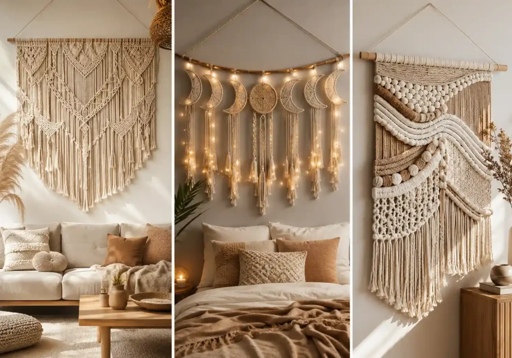 Luxury 3DIY Macrame Wall Hanging Ideas collage featuring oversized neutral boho macrame art, celestial moon phase macrame with fairy lights, and textured woven fiber wall decor styled in cozy modern boho interiors with beige neutral tones.