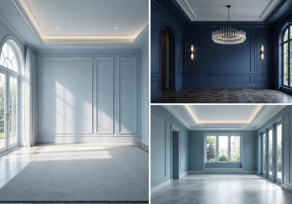 Luxury cool blue paint ideas room collage featuring icy blue, navy blue, and soft blue-gray modern interiors with elegant empty room designs.