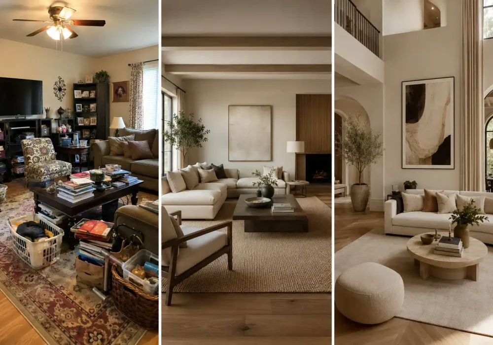 Cluttered living room beside modern luxury neutral interiors showing home decor mistakes and elegant designer styling ideas