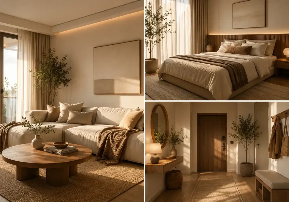 Luxury cozy rental apartment ideas collage featuring a modern neutral living room with cream sectional sofa and wooden coffee table, a hotel-inspired bedroom with layered beige bedding and warm lighting, and a stylish apartment entryway with wooden bench, textured runner rug, round mirror, and earthy minimalist decor creating a warm Pinterest-inspired apartment aesthetic for modern renters and small space decorating ideas.
