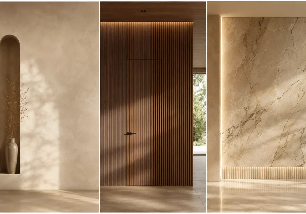 Luxury Modern Textured Wall Ideas collage featuring elegant beige plaster walls, modern walnut wood slat panels, and large marble feature walls with soft golden sunlight, warm neutral tones, minimalist architectural styling, and high-end modern interior design aesthetics.