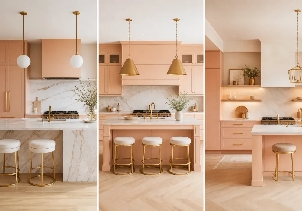 peach fuzz kitchen IDEAS collage with three modern kitchen designs, marble countertops, gold accents, pendant lighting, soft peach cabinets, luxury warm modern kitchen inspiration