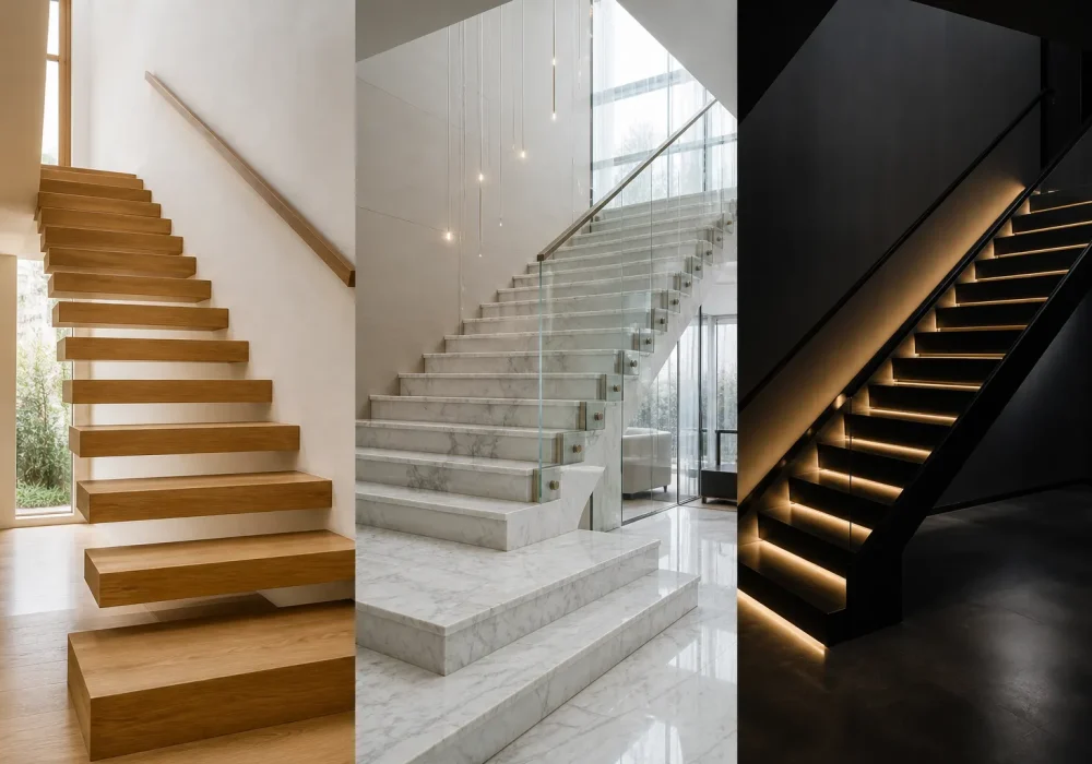 modern stair ideas collage with floating wooden stairs, marble staircase with glass railing, and black LED staircase luxury interior design