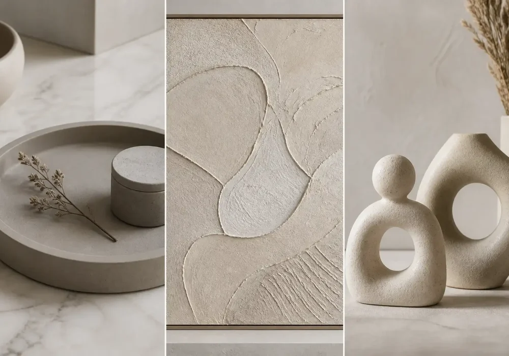 DIY concrete and plaster decor ideas collage featuring minimalist tray textured wall art and sculptural objects neutral tones luxury aesthetic modern interior styling