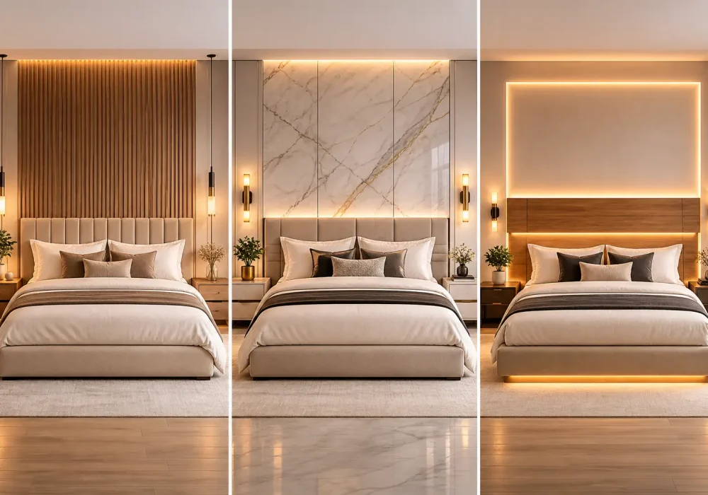 luxury diy headboard ideas collage featuring upholstered panel headboard marble wall headboard and led backlit floating headboard modern bedroom designs warm lighting clean aesthetic full bed view
