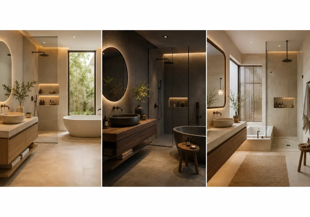Luxury Japandi bathroom ideas collage featuring three modern spa-inspired interiors with floating wood vanities, freestanding soaking tubs, frameless glass showers, warm ambient lighting, beige stone textures, minimalist decor, and elegant Scandinavian Japanese design aesthetics.