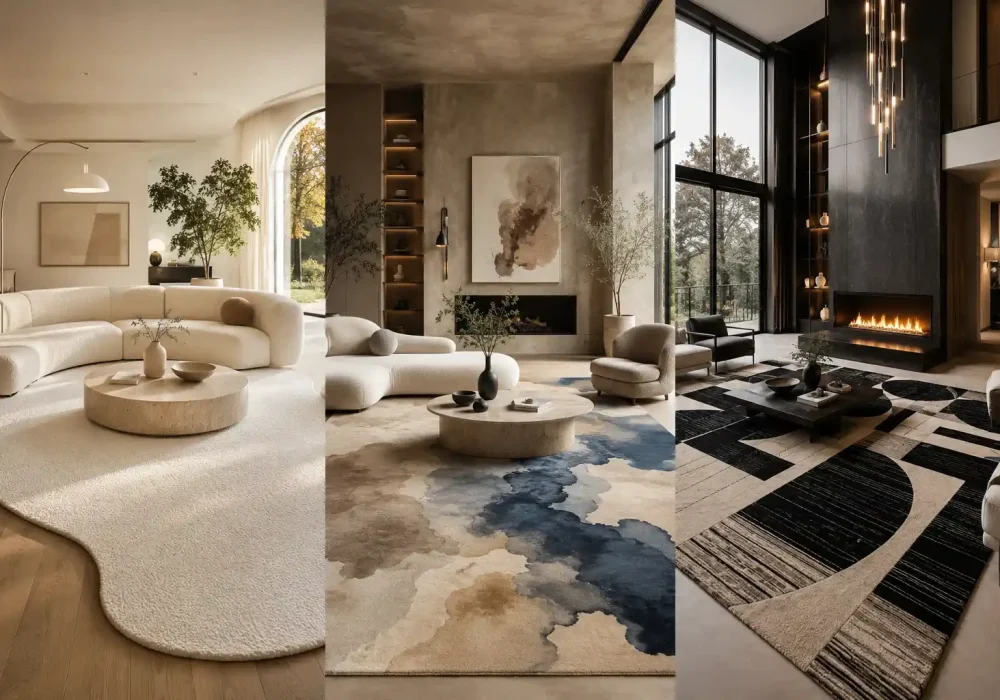 Luxury modern living room collage featuring curved cream rug ideas, abstract watercolor rug, and oversized geometric rug with elegant contemporary furniture, floor to ceiling windows, neutral decor styling, and high-end modern interior design inspiration.