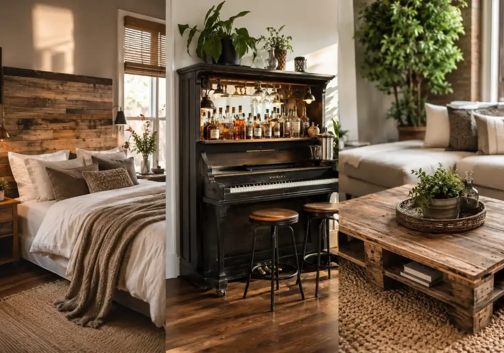 Collage featuring three stunning DIY upcycled furniture ideas including a reclaimed wood bedroom headboard, vintage piano transformed into a luxury home bar, and rustic pallet coffee table in a cozy modern farmhouse living room.