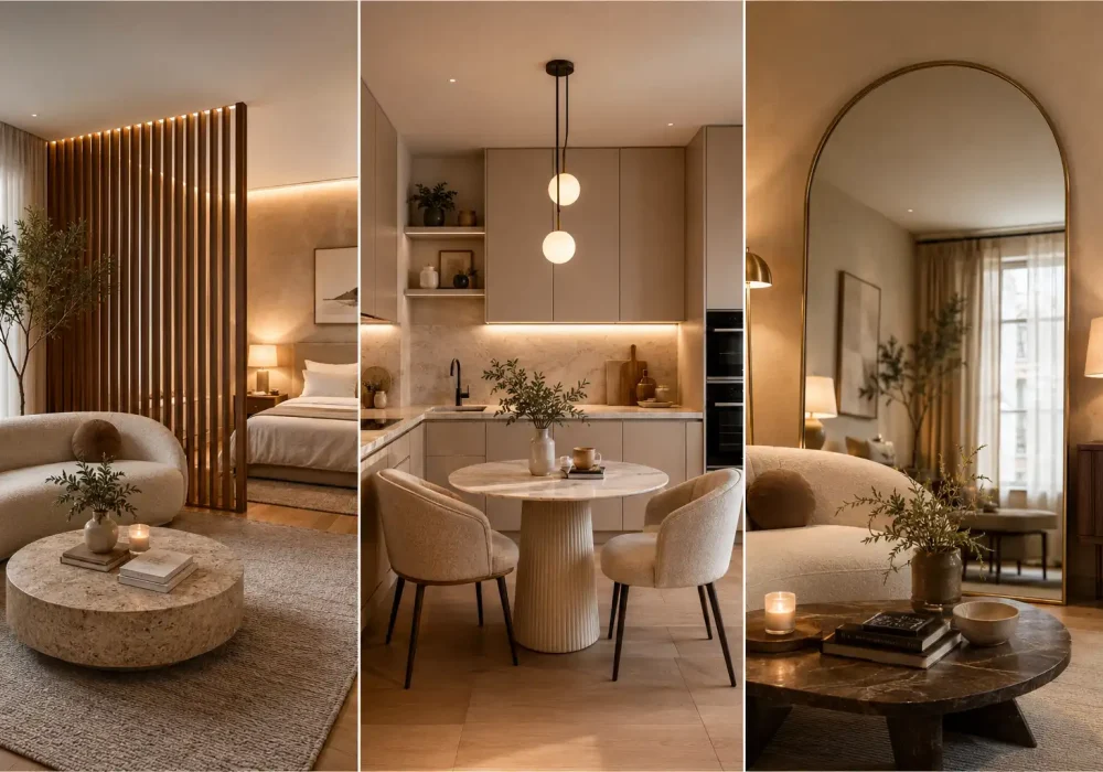 Luxury studio apartment decor ideas featuring modern wood slat bedroom divider, cozy neutral living room, elegant dining nook, oversized arched mirror, warm lighting, and high-end small apartment decor inspiration.