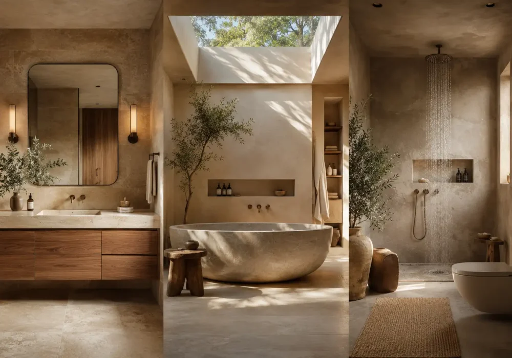 Luxury earthy bathroom ideas collage featuring three organic modern spa bathrooms with warm travertine stone textures, floating wood vanities, freestanding soaking bathtubs, rainfall shower, skylight ceiling, soft ambient lighting, natural greenery, and calming neutral earthy tones in a seamless modern interior design layout.