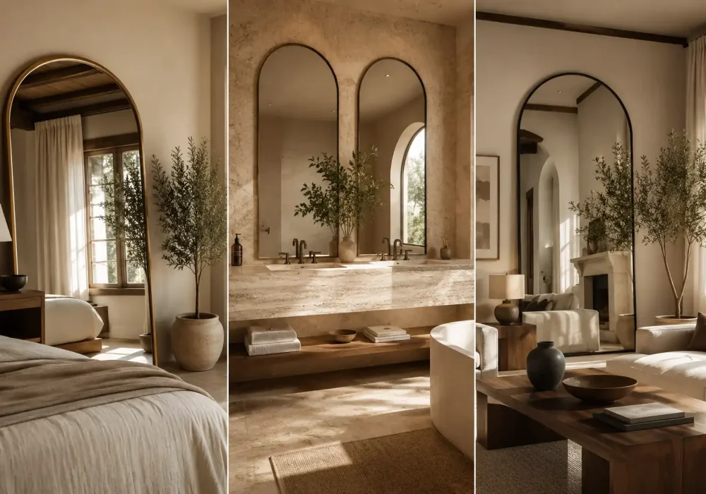 Luxury collage featuring three elegant arch mirror ideas interiors including a neutral modern bedroom with oversized leaning mirror, a spa-inspired bathroom with double arch mirrors above a floating vanity, and a sophisticated living room with a tall black frame arch mirror, styled with warm natural lighting, earthy neutral tones, wood textures, and high-end modern organic home decor.