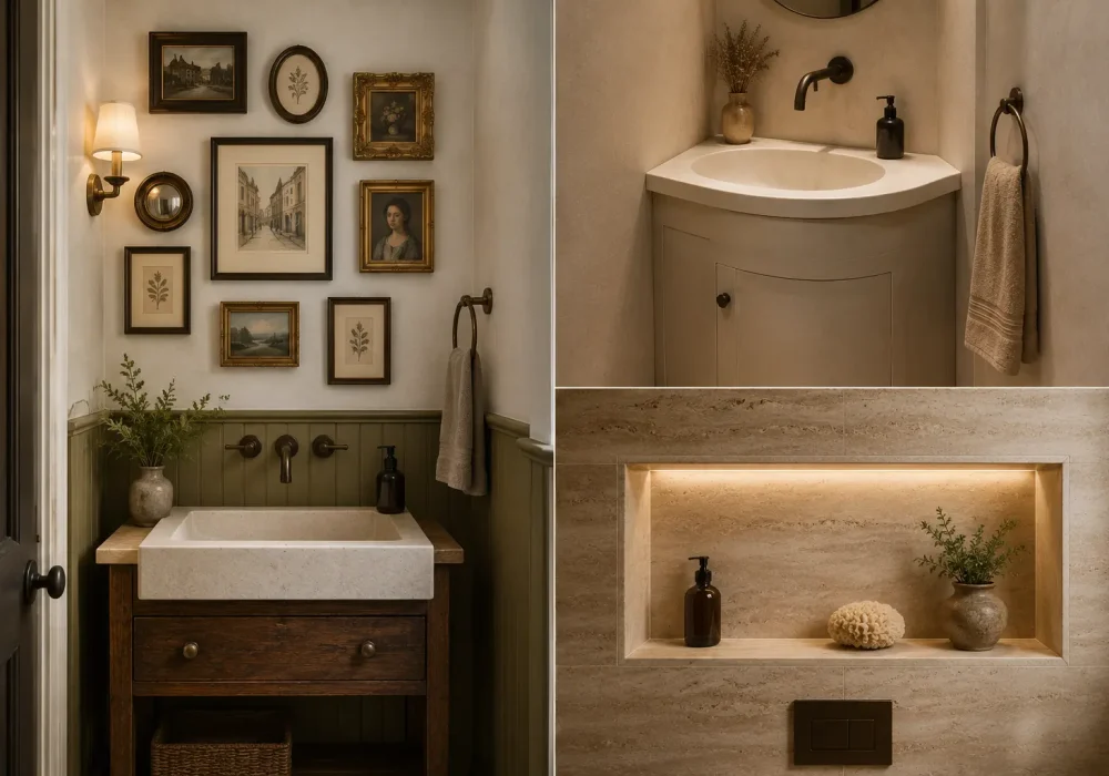 Stylish small bathroom interior showcasing creative decor ideas with a sculptural sink, elegant architectural details, warm neutral finishes, and modern designer styling. small bathroom ideas
