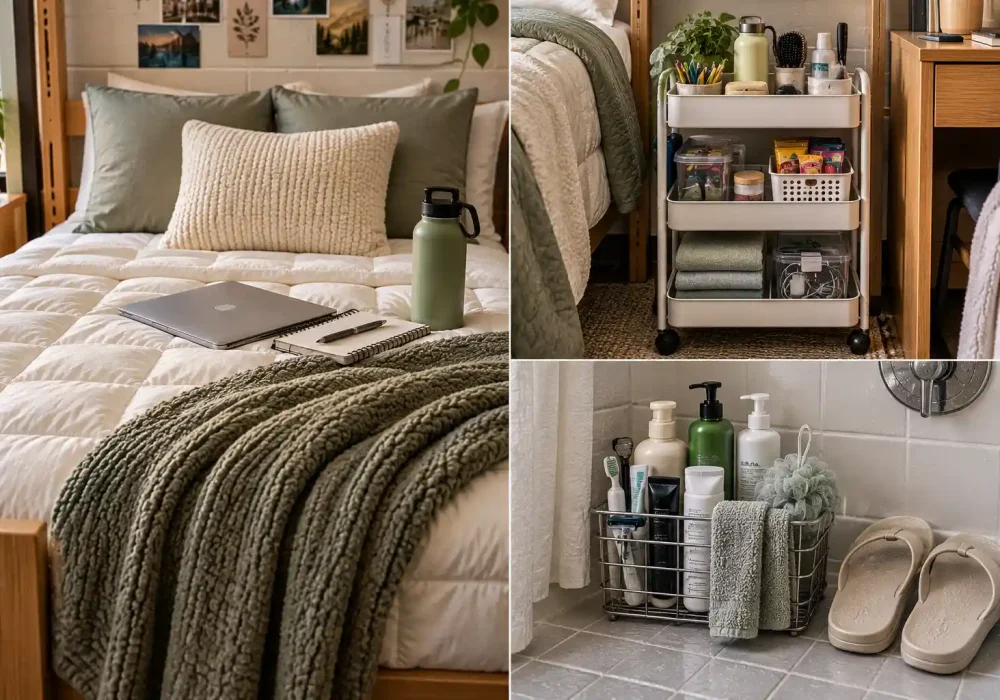 18 college dorm room essentials every freshman needs, including Twin XL bedding, mattress topper, pillows, storage solutions, desk lighting, shower supplies, mini fridge, cleaning tools, and other practical dorm essentials.