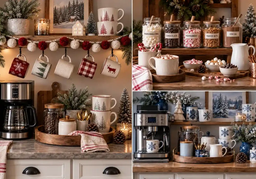 Cozy winter coffee bar featured image showing a warm, stylish home coffee station with ceramic mugs, coffee equipment, wooden accents, evergreen branches, and seasonal winter coffee bar ideas.