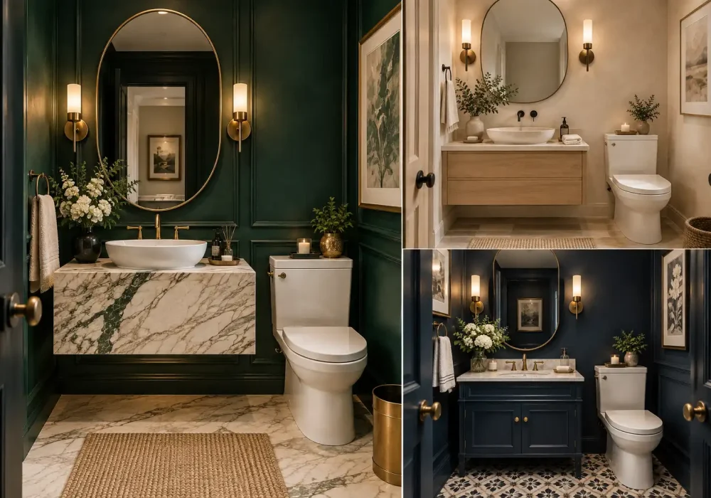 Pinterest-style luxury powder room graphic featuring a full-room emerald green powder room with marble vanity and brass accents, bold stacked text highlighting 11 powder room ideas, and smartdecorfinds.com branding.